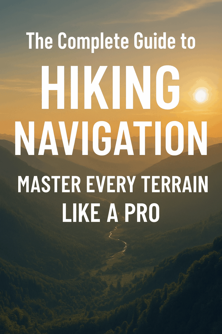Cover image for “The Complete Guide to Hiking Navigation” featuring bold white text over a scenic mountain valley at sunrise, symbolizing mastering hiking navigation across all terrains.