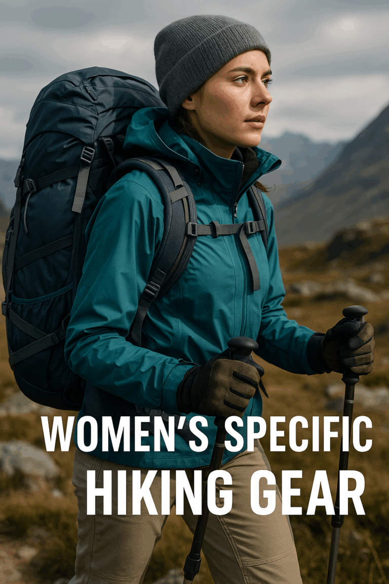 A high-resolution photo of a woman hiking in the mountains wearing women’s specific hiking gear including a form-fitting backpack, tailored waterproof jacket, and trekking poles, with “WOMEN’S SPECIFIC HIKING GEAR” text overlayed at the bottom.