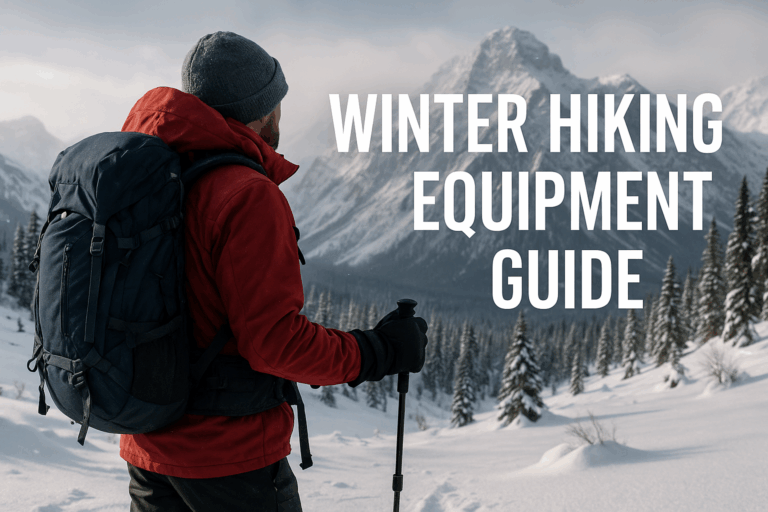 A hyper-realistic photo of a solo hiker trekking through a snow-covered mountain landscape, wearing insulated winter hiking gear, with the blog title “Winter Hiking Equipment Guide” overlaid – ideal visual for a comprehensive cold-weather hiking guide.