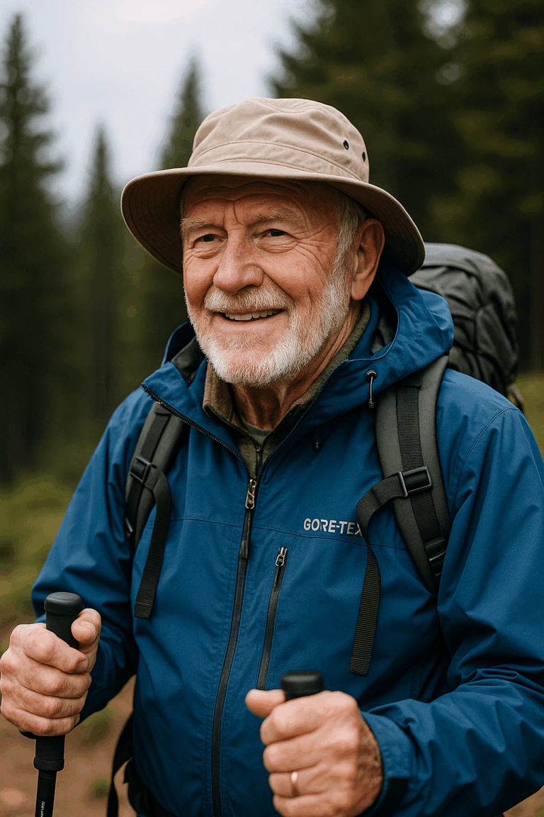 Elderly hiker wearing a waterproof Gore-Tex jacket and trekking poles in a forest, demonstrating essential hiking gear for seniors in varied weather conditions.