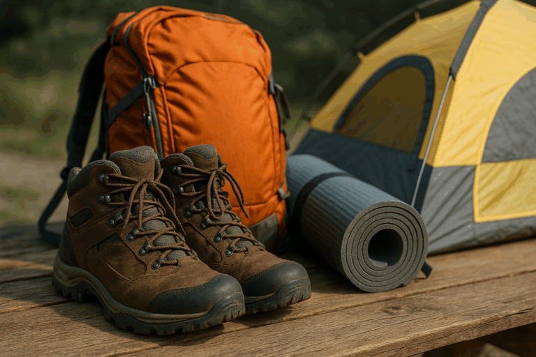 Essential hiking gear maintenance setup featuring worn hiking boots, an orange backpack, a rolled-up sleeping pad, and a yellow-gray tent on a wooden surface outdoors, captured in soft natural light with a blurred forest background.