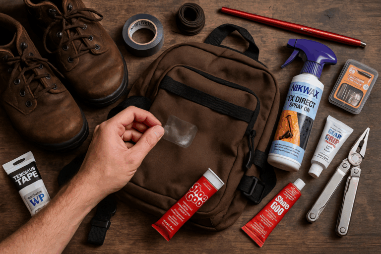 Hyper-realistic hiking gear repair tools including boots, a torn backpack, Tenacious Tape, Shoe Goo, and multi-tool laid out on a wooden surface.