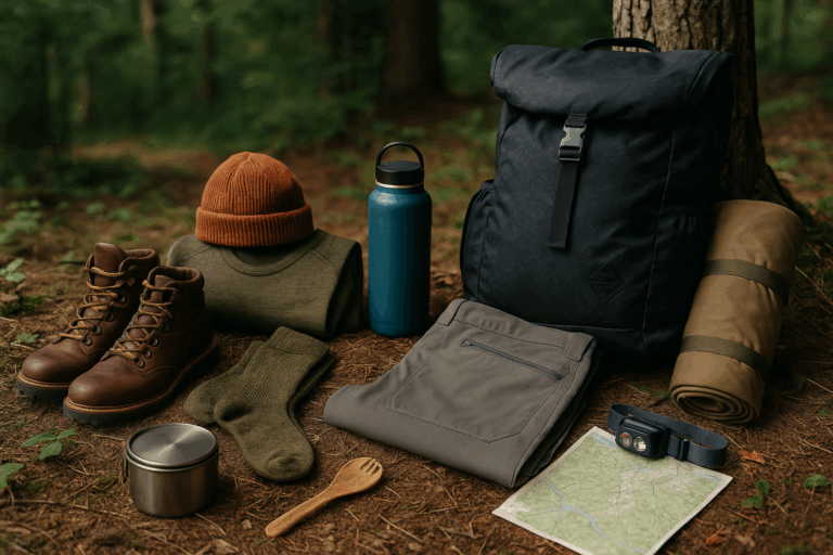 Sustainable hiking gear laid out on a forest floor, including recycled backpack, Merino wool socks, eco-friendly boots, bamboo utensils, and a stainless steel water bottle — perfect for eco-conscious adventurers.