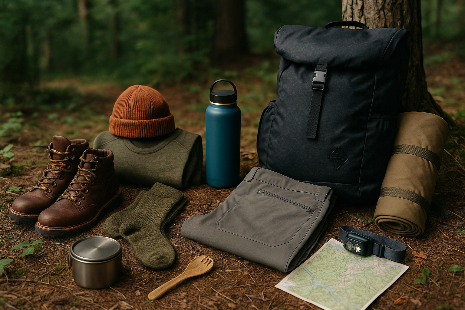 Sustainable hiking gear laid out on a forest floor, including recycled backpack, Merino wool socks, eco-friendly boots, bamboo utensils, and a stainless steel water bottle — perfect for eco-conscious adventurers.