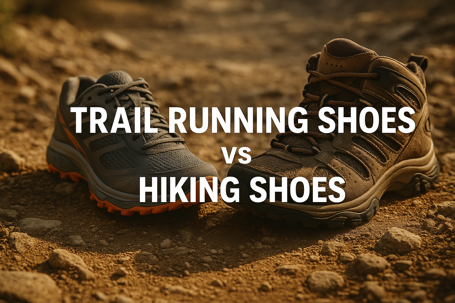 A side-by-side comparison of trail running shoes and hiking shoes on a rugged dirt trail, with bold white text overlay reading "TRAIL RUNNING SHOES vs HIKING SHOES"; ideal for a feature image highlighting outdoor footwear differences.