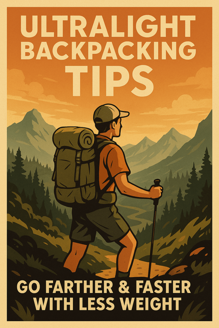 Ultralight backpacking gear setup displayed on a trail overlooking mountains with text overlay: ‘Ultralight Backpacking Tips – Go Farther, Faster, Lighter.’ Includes a minimal backpack, trekking poles, and lightweight shelter, showcasing efficient hiking gear for minimalist adventurers.