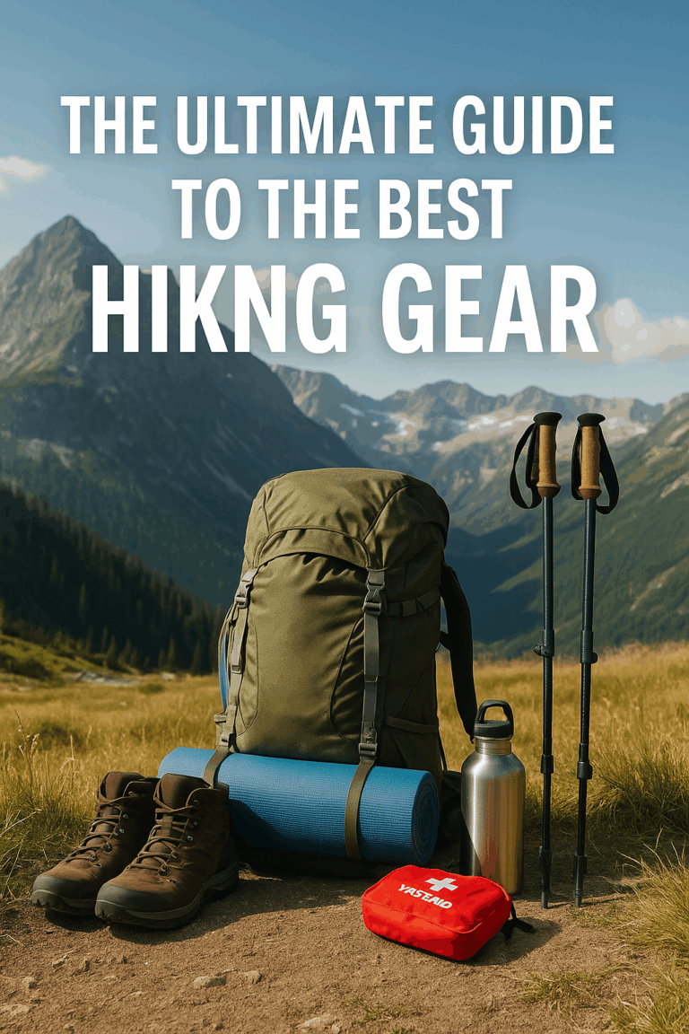 Backpacking gear including boots, trekking poles, water bottle, first aid kit, and hiking pack set in a scenic alpine meadow with mountain views, under the title 'The Ultimate Guide to the Best Hiking Gear.