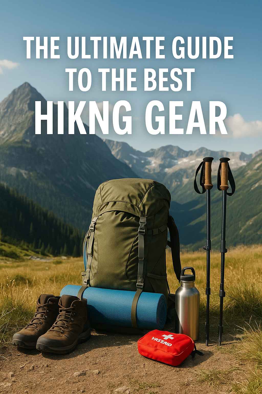 Backpacking gear including boots, trekking poles, water bottle, first aid kit, and hiking pack set in a scenic alpine meadow with mountain views, under the title 'The Ultimate Guide to the Best Hiking Gear.