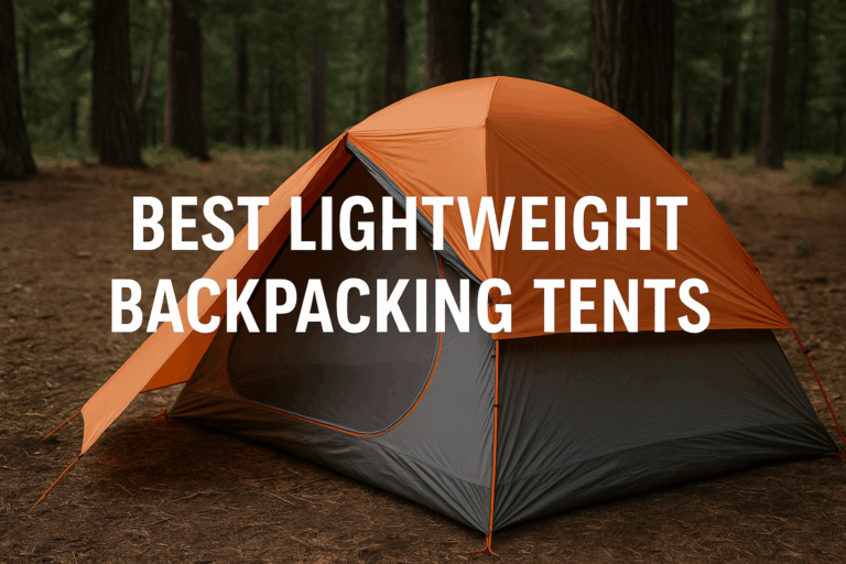 Hyper-realistic photo of a lightweight backpacking tent in a forest with text overlay reading 'Best Lightweight Backpacking Tents