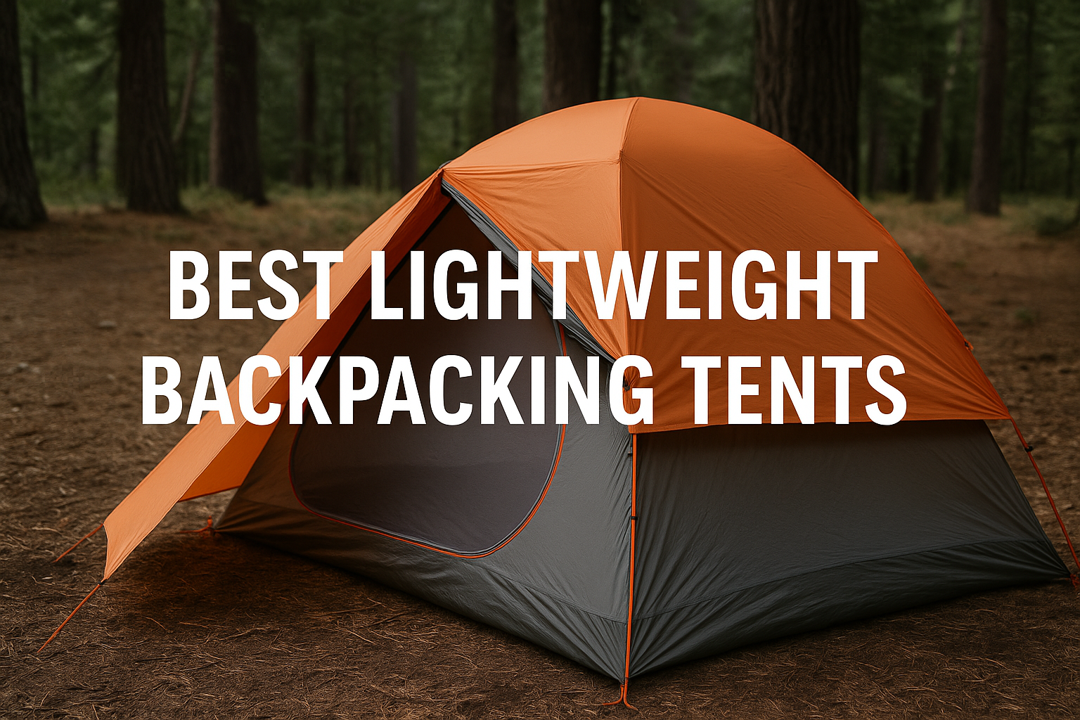 Hyper-realistic photo of a lightweight backpacking tent in a forest with text overlay reading 'Best Lightweight Backpacking Tents
