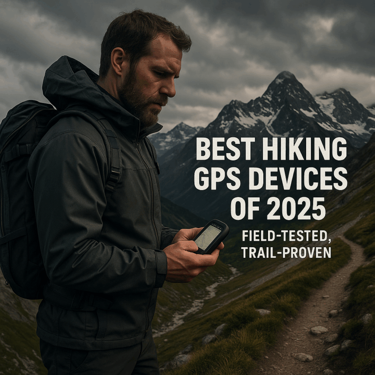 Hiker using GPS device in alpine terrain with text overlay: Best Hiking GPS Devices of 2025 – Field-Tested, Trail-Proven