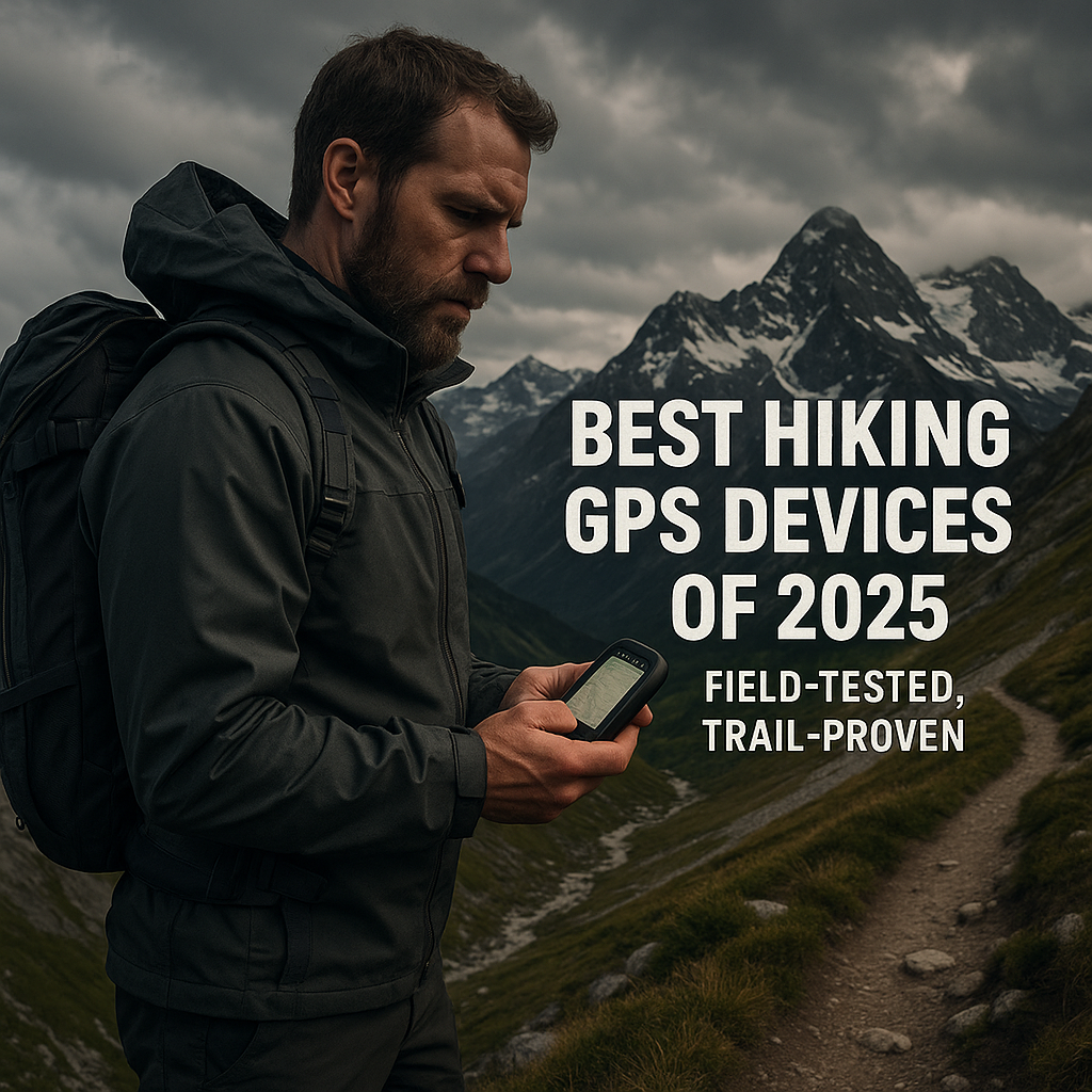 Hiker using GPS device in alpine terrain with text overlay: Best Hiking GPS Devices of 2025 – Field-Tested, Trail-Proven