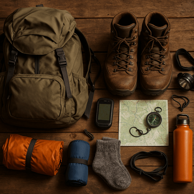 A high-resolution photograph captures hiking gear essentials on a wooden surface, including a budget-friendly backpack, rugged hiking boots, compass, GPS device, and compact camping items—perfect visual for a guide on affordable hiking equipment.