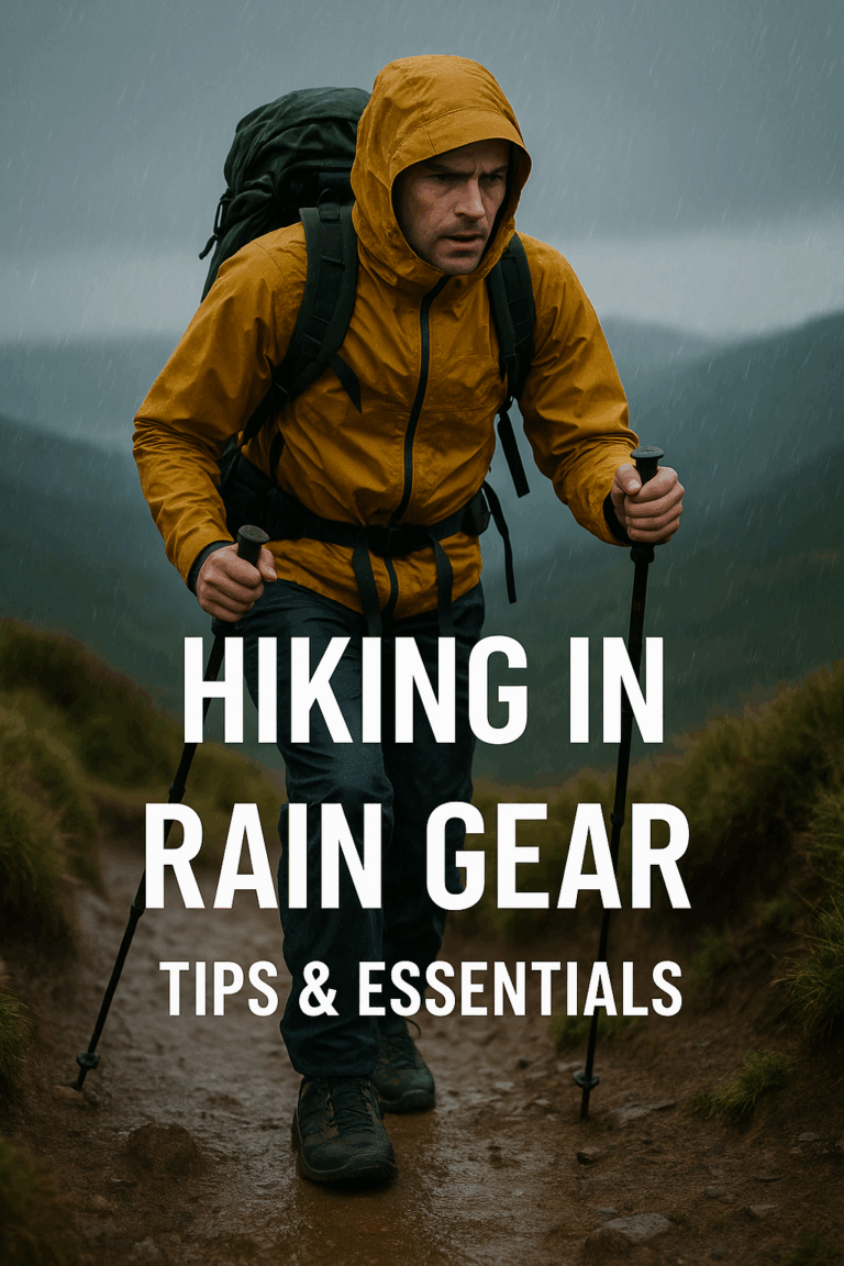 A high-resolution image of a hiker in yellow rain gear trekking through a muddy mountain trail during a storm, with bold overlay text reading “HIKING IN RAIN GEAR: Tips & Essentials” — ideal for a wet-weather hiking blog feature image.