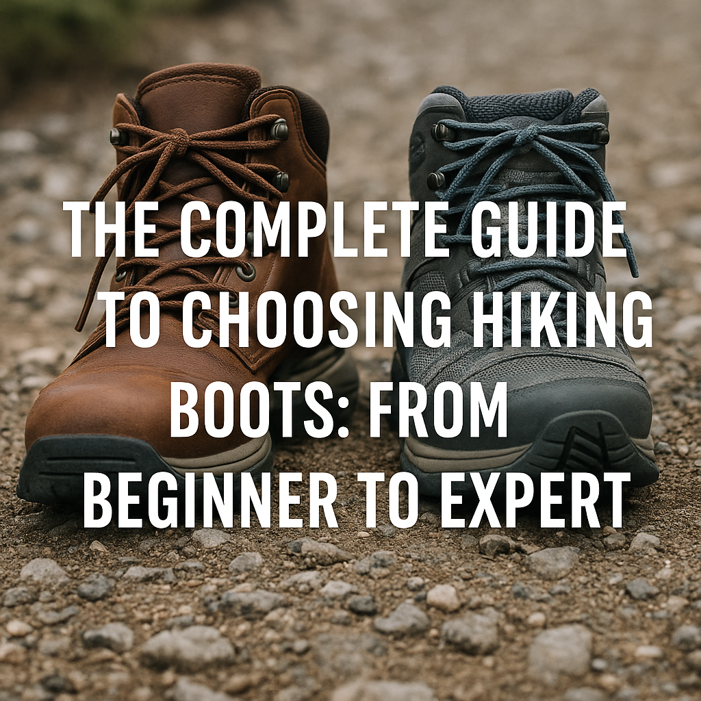 A high-resolution digital photograph prominently features rugged hiking boots on a dirt trail surrounded by lush greenery, with text overlay reading "The Complete Guide to Choosing Hiking Boots." The scene captures the essence of outdoor adventure and gear selection.