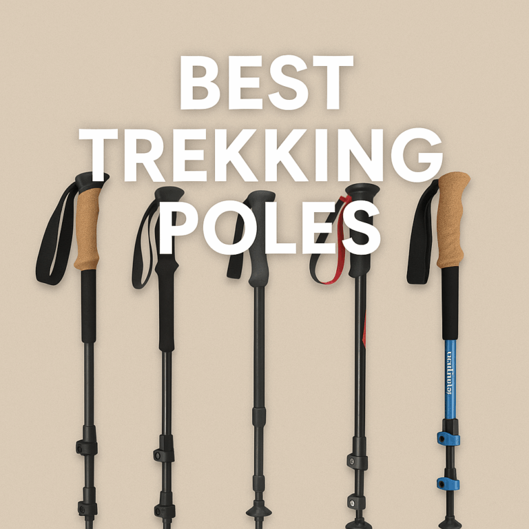 A centered text overlay reading "BEST TREKKING POLES" appears above five trekking poles arranged on a beige background.