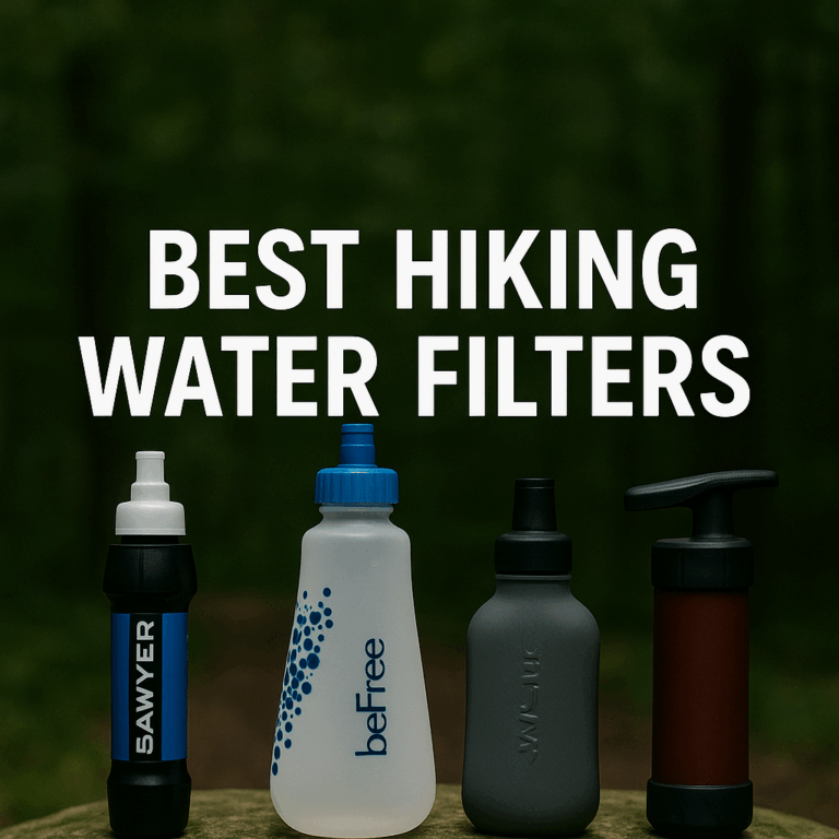 Four top hiking water filters on a mossy rock with forest background and centered text overlay that reads "BEST HIKING WATER FILTERS".